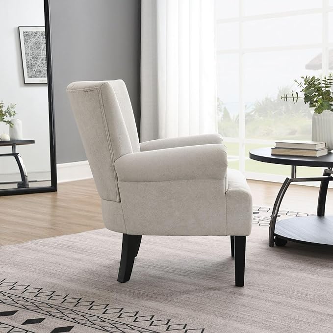 Modern Accent Living Room ChairsPolyester Armchair Club Chair with Channel Back Accent Chair for Living Room Bedroom Reading Room Soft Fabric Wooden Leg (Light Grey)