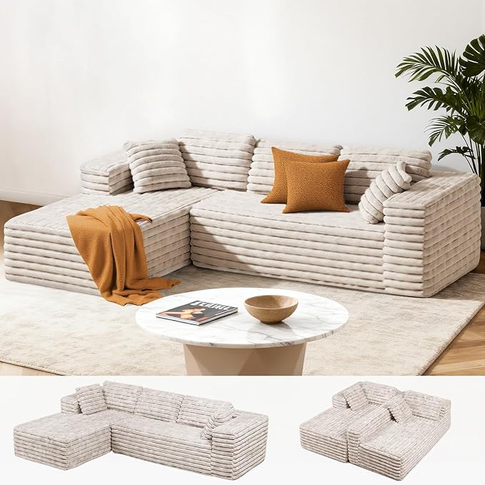 LUCKLIFE 105” Sectional Boneless Couch Modular Cloud Corduroy Fabric Sofa for Living Room Bedroom with Deep Seat Wide Arms and High-Density Foam No Assembly (GB L Shape with Left Facing Chaise)
