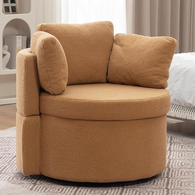 FOXHUNTER Swivel Barrel Chair 360 Degree Swivel Round Storage Chair with 3 Pillows Oversize Teddy Swivel Accent Chair Comfy Single Sofa Chair for Nursery Living Room Bedroom (Khaki)