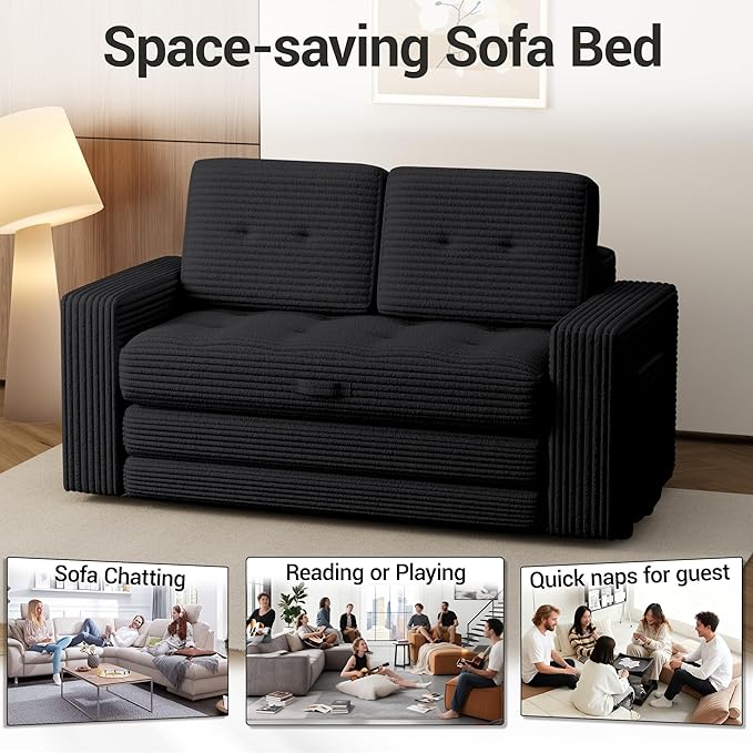 Convertible Boneless Sofa Bed 2 in 1 Pull Out Loveseat Sleeper Sofabed Folding Couch Bed with Pillows for Living Room Bedroom Small Space Black