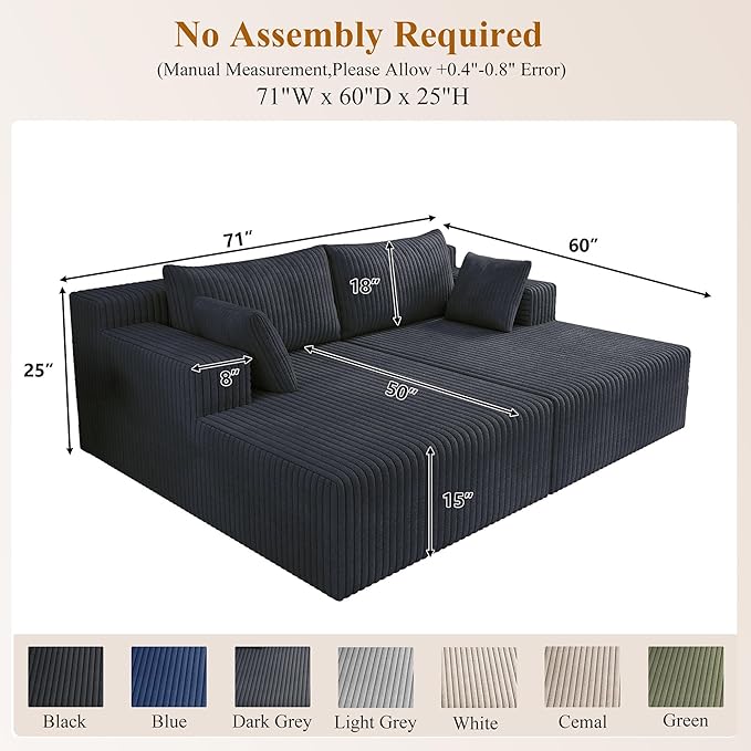 71'' Oversized Double Chaise Lounges Indoor Cloud Upholstered Boneless Couch Bed Deep Seat No Assembly Required Modern Corduroy Sleeper Loveseat Chair for Living Room Bedroom Reading (Dark Grey) |