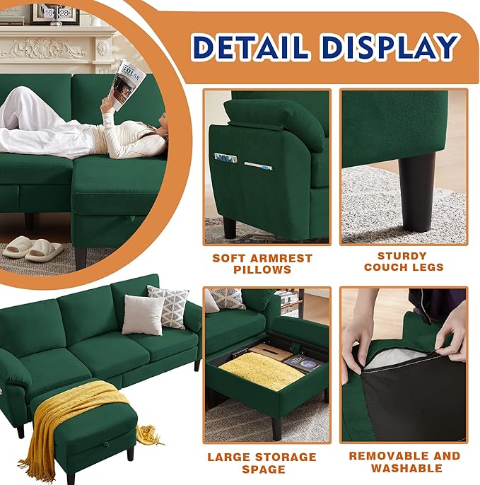 4 Piece Convertible Sectional Sofa Set Modern Linen Small L Shaped Couch with Reversible Chaise 3-Seater Sofa &amp Loveseat &amp Armchair for Living Room Office Apartment Green