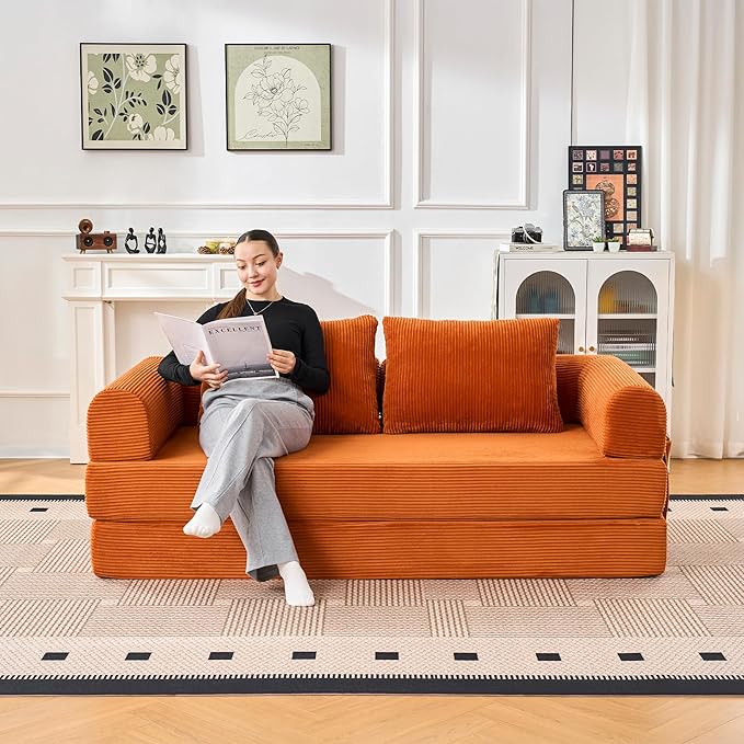 79 Convertible Sofa Bed 5-in-1Boneless Couch for Living Room with 2 Pillows Corduroy Folding Sleeper Sofa Bed Boneless Cloud Loveseat Futon Sofa Bed for Living Room Bedroom Lounge Orange