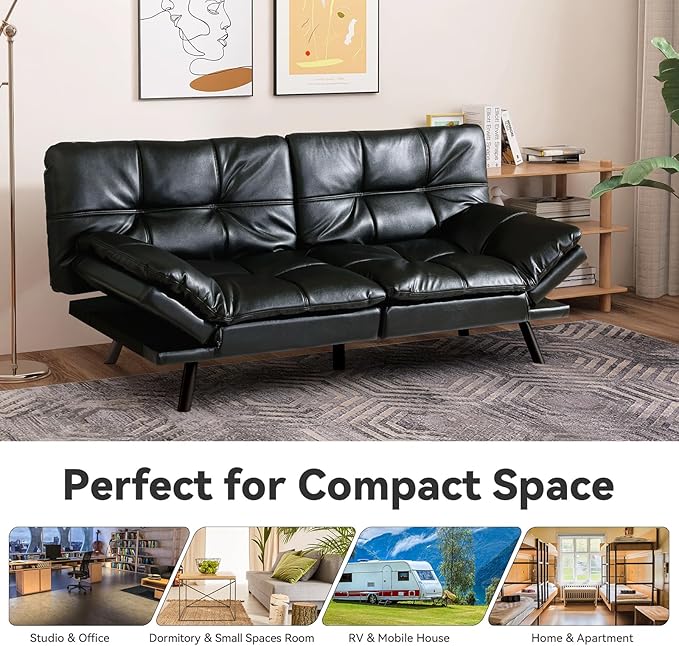 Black Faux Leather Futon Sofa Bed Memory Foam Futon Couch with Convertible Backrests &amp Armrests Small Splitback Loveseat Sofa for Living Room Home Office Apartment