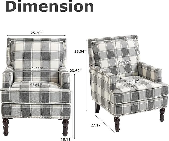 Plaid Accent Chair Mid-Century Modern Armchair Upholstered Decorative Reading Chair for Living Room Bedroom or Home Office Seating(Gery)