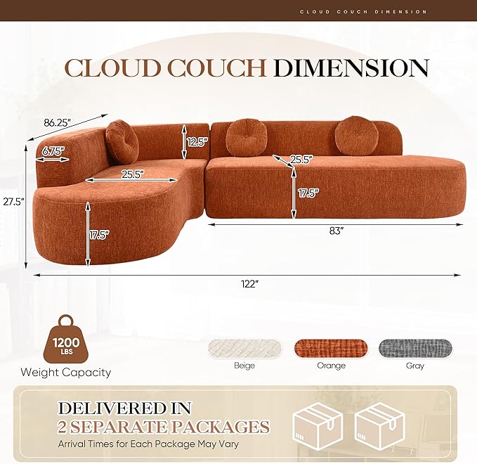 Deep Seat Curved Sectional Sofa - Cloud Round Couch with Elegant Curved Design &amp 3 Round Cushions L-Shaped Comfy 4 Seater Floor Sofa No Assembly Required (Orange)