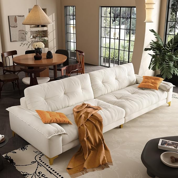 104.7 sectional Couch mid-Century Modern 4-Seater Comfy Cloud Couch for Living Room Office Button Tufted upholstered Metal Legs Sofa Sturdy loveseat (Beige 104.7 Inch)