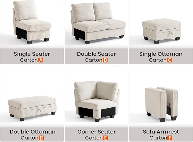 CHIC HOUSE Middle Module for Modular Couch Corduroy Customizable Chaise Storage Ottoman for Sectional Sofa Armrest Single/Double Seater