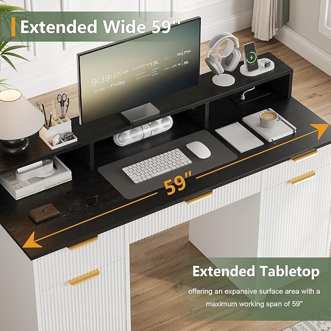 59 Executive Desk Fluted Office Desk with Power Outlets Long Monitor Stand Large Home Office Desks with 3 Drawers &amp 2 Storage Cabinet Computer Writing Desk for Study Bedroom White