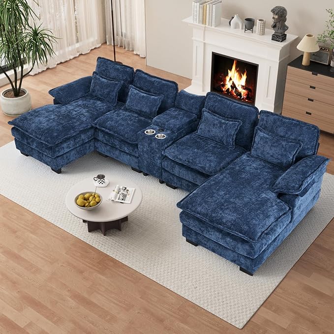 OUYESSIR U Shaped Cloud Sectional Couch 132 Fluffy Modular Sofa Set with Double Chaise Lounge Central Console &amp USB Port Comfy Chenille Big Sectional Couches for Living Room Dark Blue