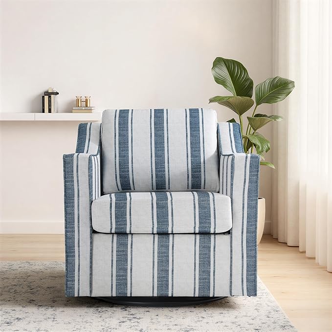 Swivel Accent Chair Modern Round Barrel Arm Chair for Living Room Bedroom Comfy Club Reading Chairs for Adults (Stripe Navy Blue Set of 2)