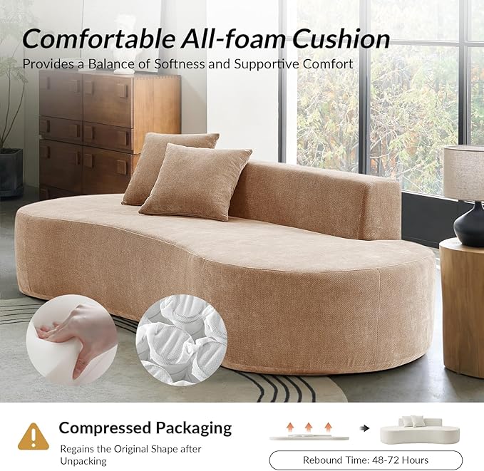 94.5 Modern Curved Sofa 3-Seater Comfy Foam Couch with 2 Pillows Frameless &amp No Assembly Required Cloud Couch for Living Room Pink