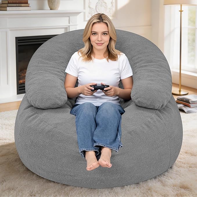 HABUTWAY Giant Bean Bag Chair Oversized Beanbag Chair with Filler Ultra Soft Teddy Fleece Bean Bag Lounge Floor Sofa w/U-Shaped Pillow for Gaming Reading Light Grey &amp Light Grey