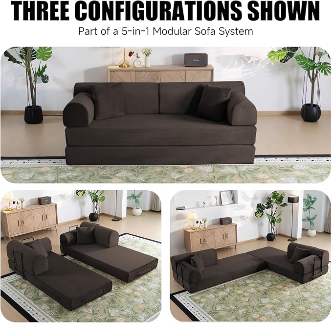 78.8 Boneless Memory Foam Couch Corduroy Convertible Floor Sofa Bed Fold-Out Sleeper Futon Loveseat Wide Armrests &amp Supportive Back 1200 lb Couch in a Box 2 Pillows Brown