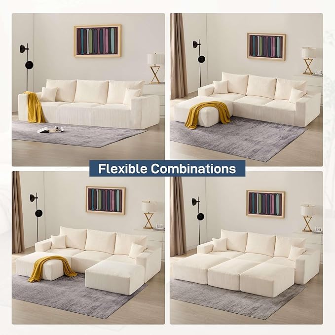 Modern Sleeper Sofa Couches for Living Room-113 Beige 3 Seater Boneless Cloud Couch-No Assembly Required Modular Corduroy Convertible Full Sponge Compression Sofas for House Apartment