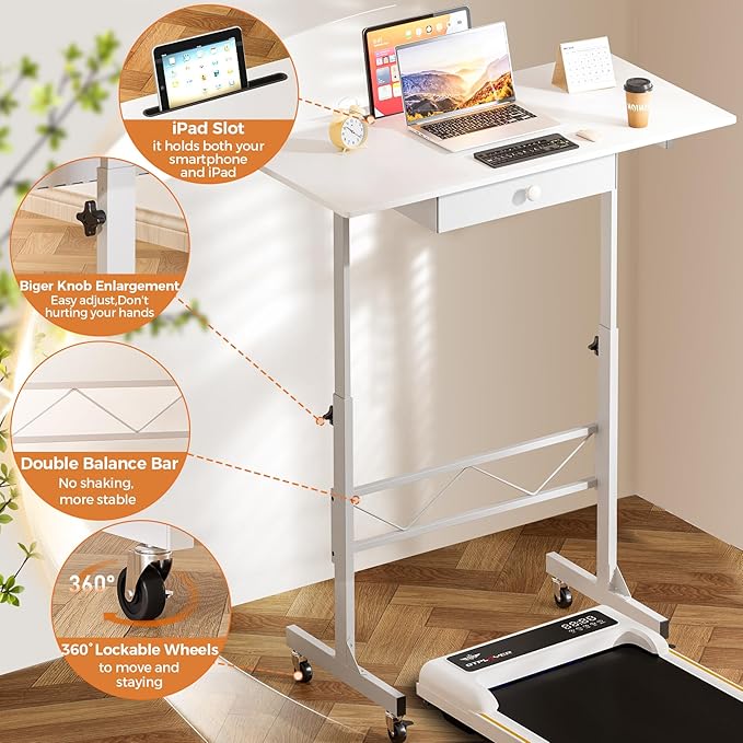 COMHOMA Small Standing Desk Adjustable Height Small Computer Desk Mobile Portable Rolling Laptop Table with Wheels 32 Computer Workstation Sit Stand Desks Portable Standing Table Treadmill desks