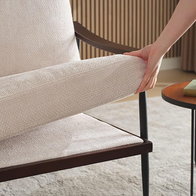 Softa Modern Accent Chair Mid Century Modern Accent Chairs Linen Fabric Arm Chair with Wood Armrests Upholstered Leisure Chair for Living Room Bedroom Reception Room White (White)