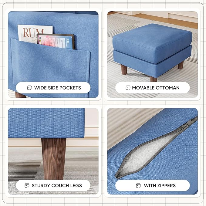Homall Convertible Sectional Sofa 3 Seat L Shaped Couch with Side Storage Pocket Sofas with Movable Ottoman Small Linen Couches for Living Room &amp Apartment (Linen Fabric Blue)