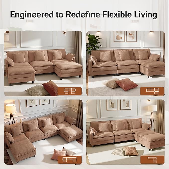 YDN 148 Couch Sofa Sectional Couches for Living Room Cloud Couch with Movable Ottoman Modular U Shaped Sofa Set Khaki