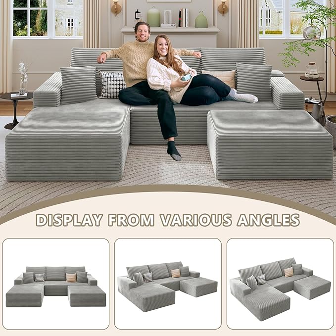 107 Cloud Sectional Couch with U-Shaped Chaise Corduroy Sectional Sofa with Ottoman Boneless Couch with Deep Seat in a Box for Living Room No Assembly Required (Grey Left Facing Chaise)