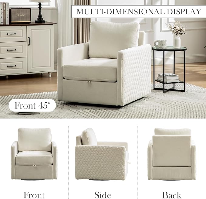 Aoiy &amp Wifon 29.5''W Swivel Accent Chair Comfy Modern Square Arm Chair with Hidden Storage for Living Room/Bedroom/Office Chenille Beige