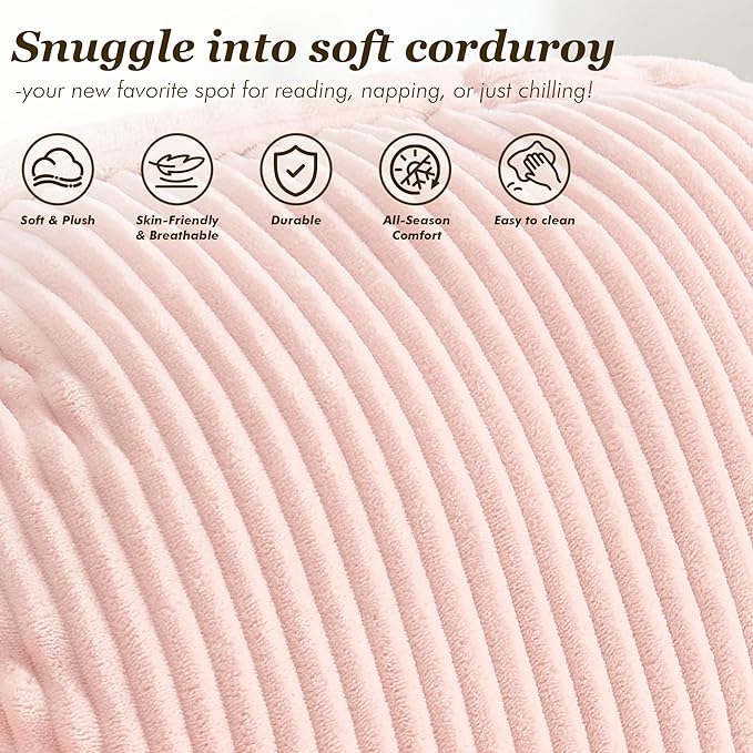 QQU Lazy Chair with Ottoman Corduroy Lounge Armchair Reading Chair with Footrest for Living Room Balcony Study (Pink)