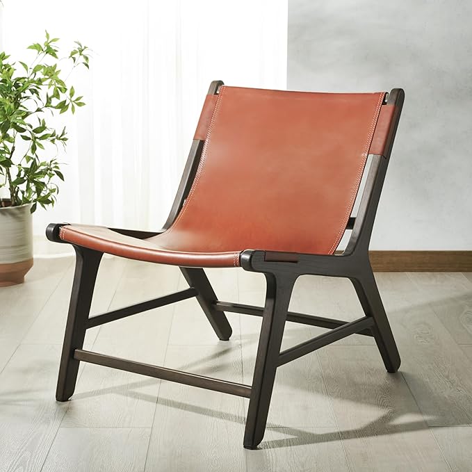 SAFAVIEH Couture Collection - Alanarose Walnut Brown Solid Teak Wood Accent Chair Modern Sling Style Leather Seat Fully Assembled (SFV1903B)