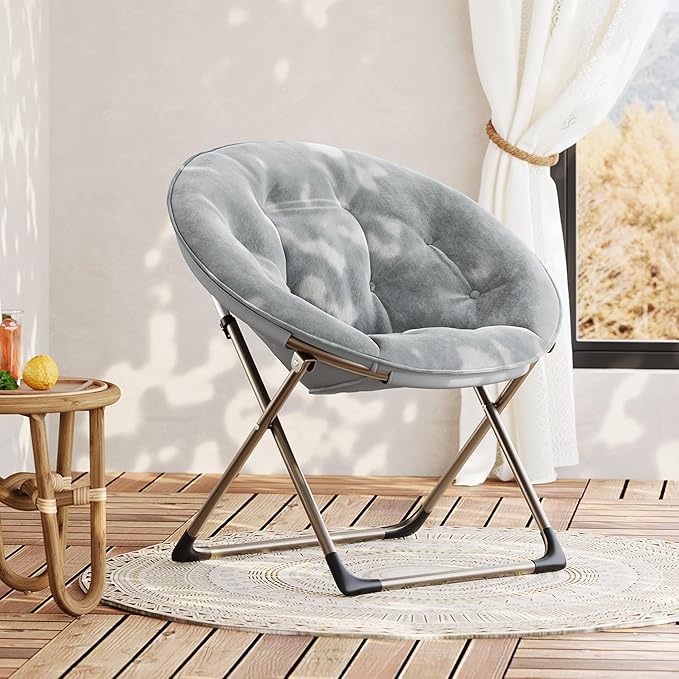 GarveeHome Comfy Oversized Saucer Chair – Soft Plush Fabric Reading Lounger for Adults Stable X-Large Metal Frame Foldable Accent Lazy Chair for Bedroom Living Room Dorm Office Grey