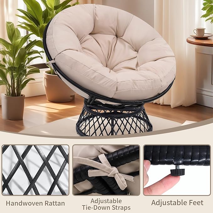 46 Giant Oversized Ergonomic Rattan Papasan Chair with Soft Thick Cushion for Adults Fluid 360° Swivel Waterproof Black Frame with Beige Cushion