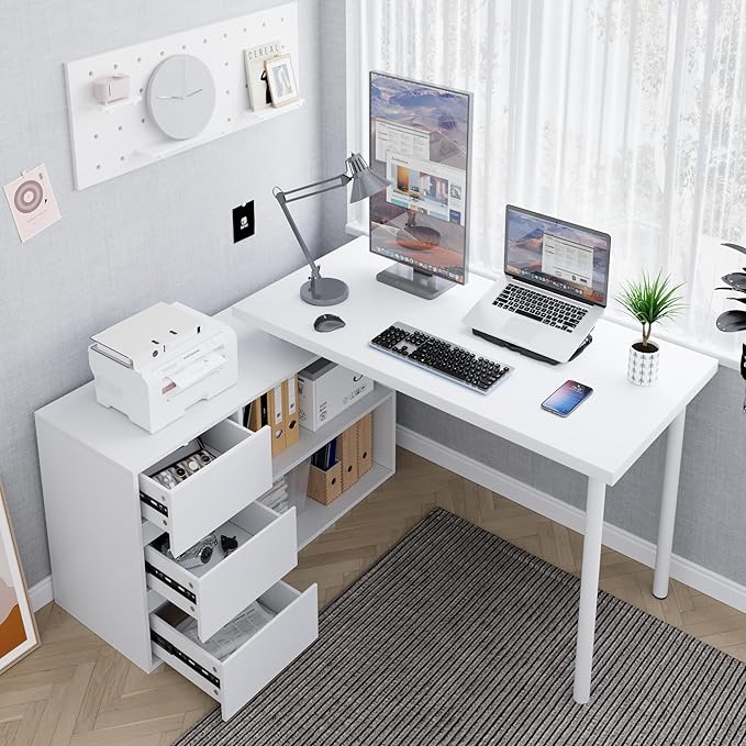 Home Office Computer Desk Corner Desk with 3 Drawers and 2 Shelves 53-inch L-Shaped Study Desk with Storage White