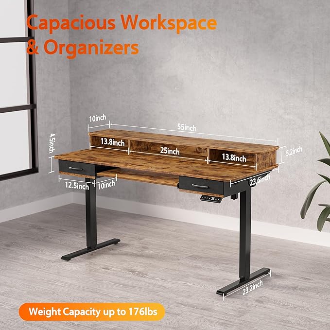 55x24 Inches Electric Standing Desk with Keyboard Tray Height Adjustable Stand up Desk with 2 Drawers Ergonomic Sit to Stand Desk with Storage Monitor Stand Computer Table Rustic Brown