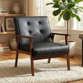 STHOUYN Black Leather Accent Chair for Office Waiting Room Lobby Chair with Wooden Arms Mid Century Modern Small Armchair Living Room Sofa Set (Black)