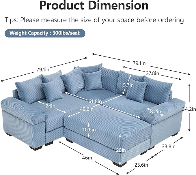 92 Modular Section 2 Seater L-Shaped Corner Sofa with Ottoman Convertible Modern Corduroy Couch with Wide Armrest and Deep Seat Solid Wood Frame Boneless Sofa with 10 Pillows Blue