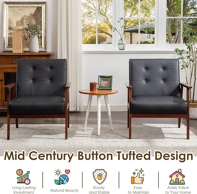 STHOUYN Black Leather Accent Chair for Office Waiting Room Lobby Chair with Wooden Arms Mid Century Modern Small Armchair Living Room Sofa Set (Black)