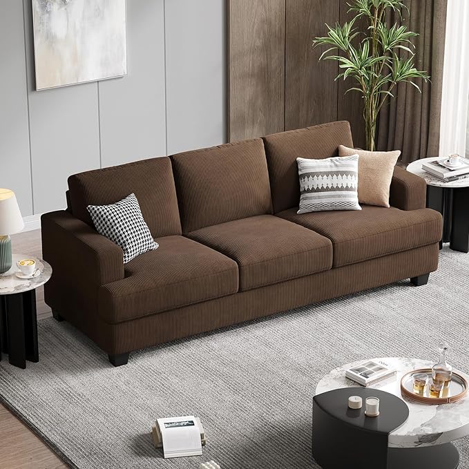 89 Inch Sofa with Extra Deep Seats Oversize 3 Seater Sofa for Living Room Modern Couch and Sofa Comfy Armrests and Seats and Backrests Easy Installation Corduroy Fabric Brown