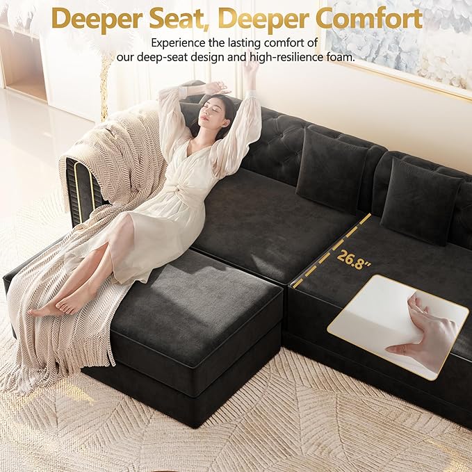 90.6'' Velvet Foldable Sofa Bed 3-in-1 Chesterfield L Shaped Sofa King Pull Out Floor Couch Gold Trim Armrests Extra Deep Couches with 4 Pillows for Living Room Apartment Gold Black