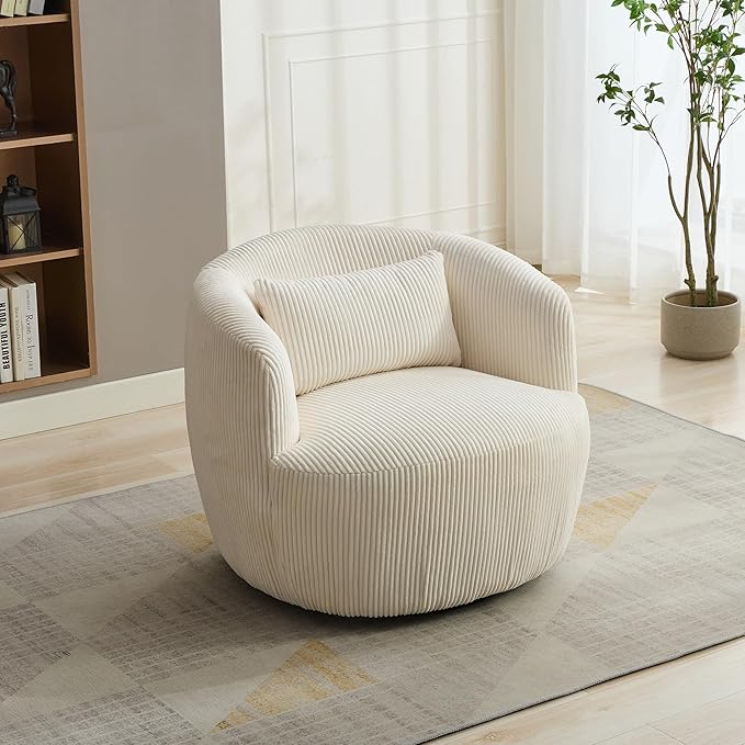 360° Swivel Armchair with Accent Pillow – Premium Corduroy Fabric Sturdy Metal Base &amp High-Density Foam – Ergonomic Lounge Chair for Living Room Office Bedroom – Easy Assembly