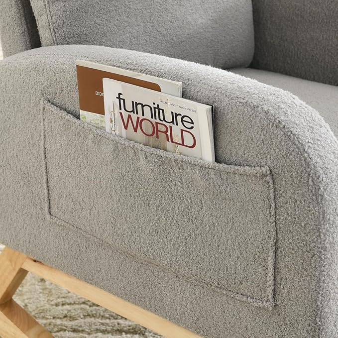 Modern Accent High Back Rocking Chair with Side Pockets Grey Teddy Fabric for Living Room and Nursery