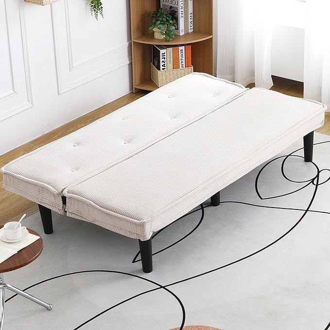 66” Armless Corduroy Sofa Bed 2-in-1 Convertible Sleeper Sofa with Tufted Back Soft Skin-Friendly Fabric Small Futon for Apartments Living Room Bedroom (White)