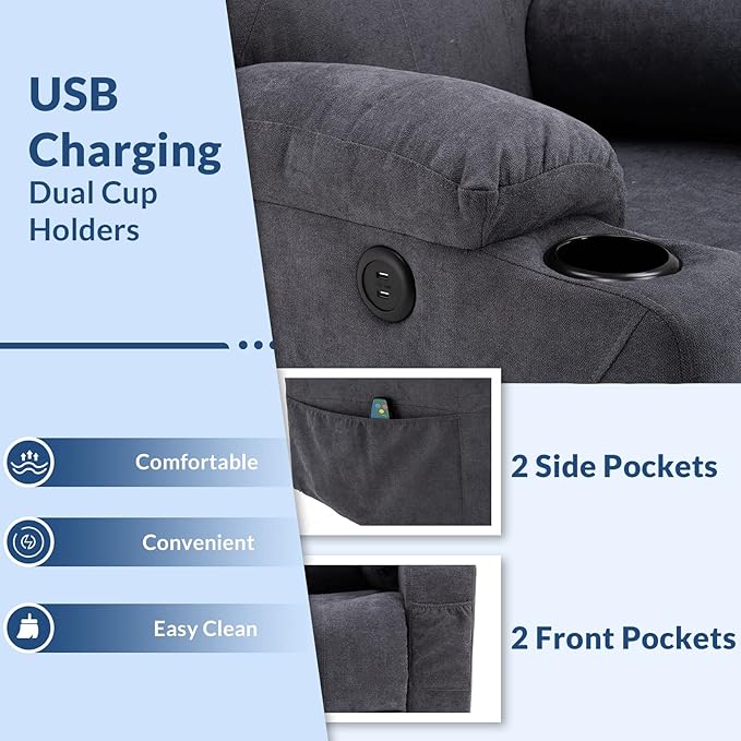 Manual Swivel Rocker Recliner Chair with Heated Massage Ergonomic Lounge 360° Glider Rocking Fabric Sofa Seat with 2 Cup Holders Side Pockets &amp USB Ports for Living Room (Grey)