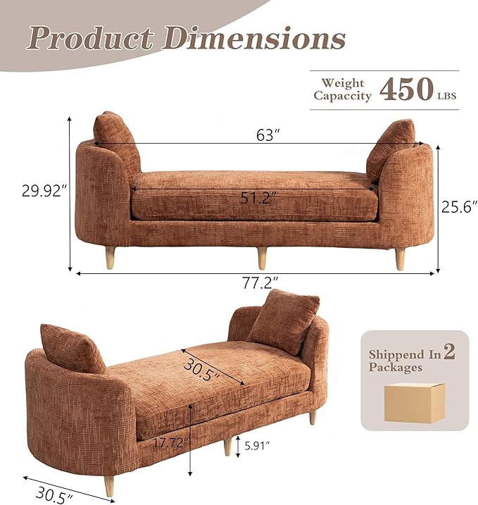 Mlmh &amp Kngwa Chaise Lounge Chair Indoor 77.2 King Size Bedroom Bench with 2 Bolster Pillows &amp Armrests Upholstered Daybed Couch for Living Room Hallway Chenille Orange