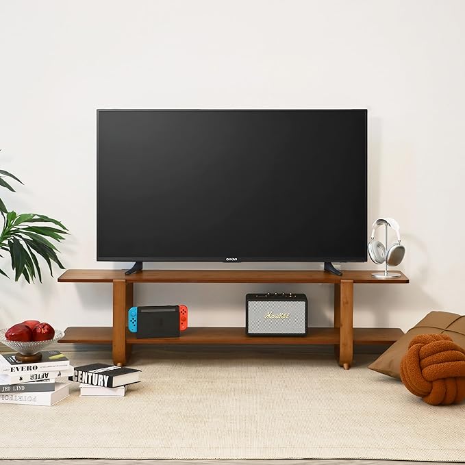 Bamboo TV Stand for TVs up to 65 Media TV Console Table with Storage Accent Entertainment Center with Shelf Modern TV Stand for Living Room Bedroom 55(L) Walnut