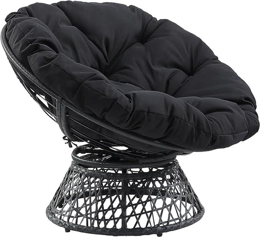 OSP Home Furnishings Wicker Papasan Chair with 360-Degree Swivel Grey Frame with Black Cushion