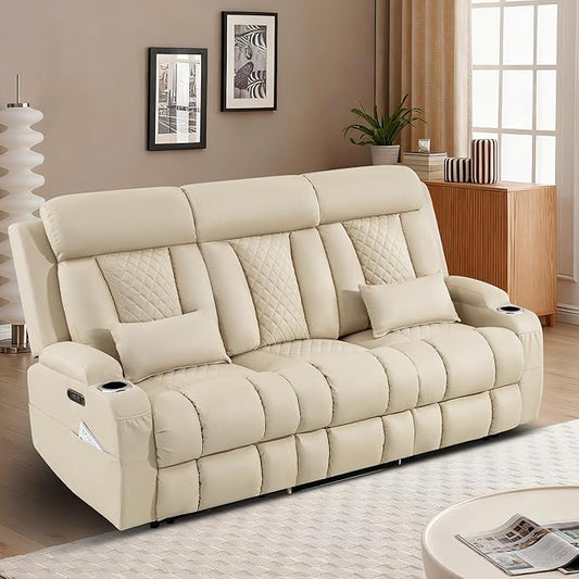 3-Seater Power Recliner Sofa with Adjustable Headrest Zero Wall Hugger Electric Reclining Couch Drop-Down Console with AC Outlets/USB/Type-C 2 Lumbar Pillows &amp Side Pockets