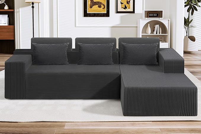 HABUTWAY Sectional Couches for Living RoomNo Assembly L Shaped Couch 105 Modular Sectional Sofa Couch with Deep SeatCloud Couches Furniture Sets for ApartmentCorduroy (Dark Grey Right Facing)