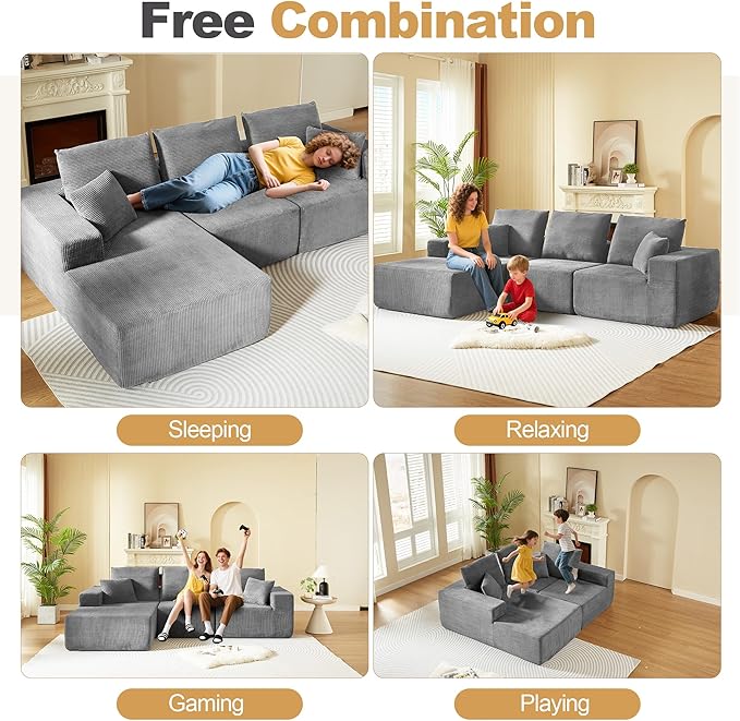 109.4 Cloud Sectional Couch Modern Modular L Shape Sectional Sofa with Deep Seat Chaise Comfy Corduroy Boneless Couches for Living Room (Dark Grey Left Chaise)