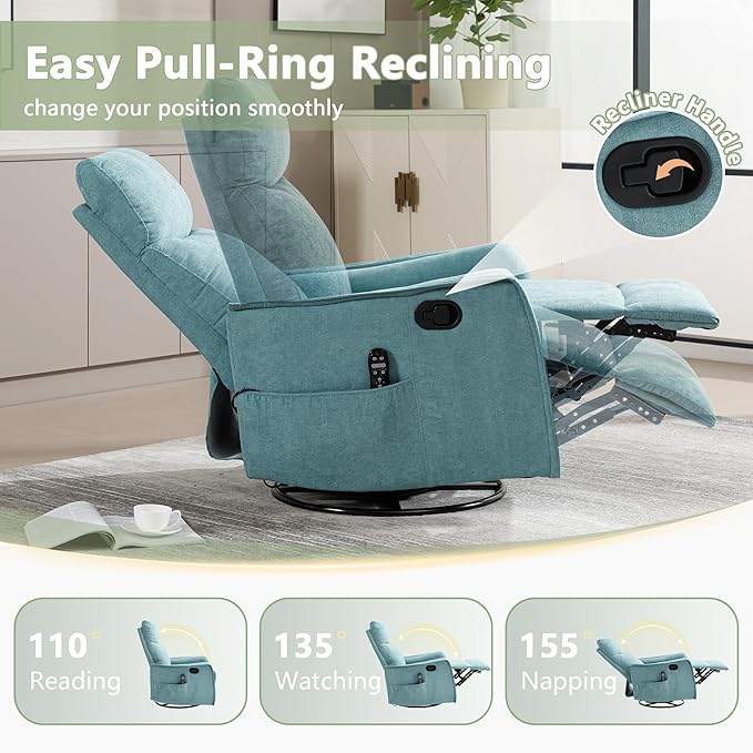 cinkehome Swivel Rocker Recliner Glider Rocker Recliner Chair for Nursery Manual Reclining Chair with Heated Massage Small Spaces Living Room Linen Light Blue