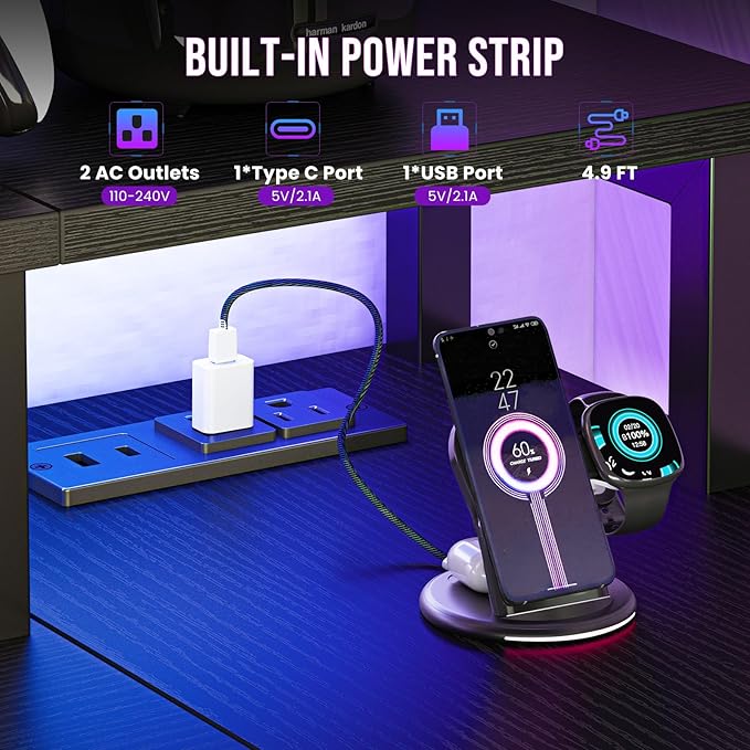 DUMOS 53” Gaming Desk with USB Charging Ports &amp LED Lights Reversible L Shaped Desks Computer Corner Gamer Table with Power Outlets Monitor Stand Storage Shelves for Home Office Small Space Blac