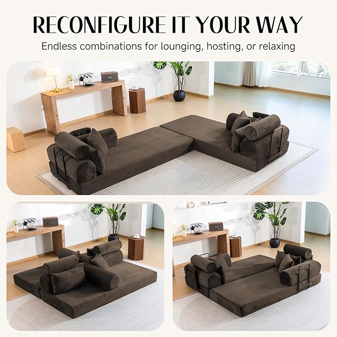 79 Corduroy Sofa Bed Sleeper Couch 6-in-1 Convertible Boneless Floor Futon Loveseat High-Density Foam Couch in a Box with 2 Headrest Pillows No Assembly Brown