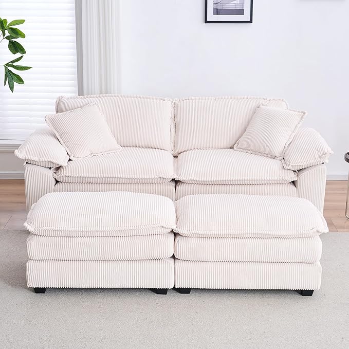 84.6” Corduroy Loveseat with Ottoman Oversized Double Chaise Lounge Chair Indoor Deep Seat Two Seater Couch Cloud Couch Modular Sectional Sofa for Living Room(Corduroy White)